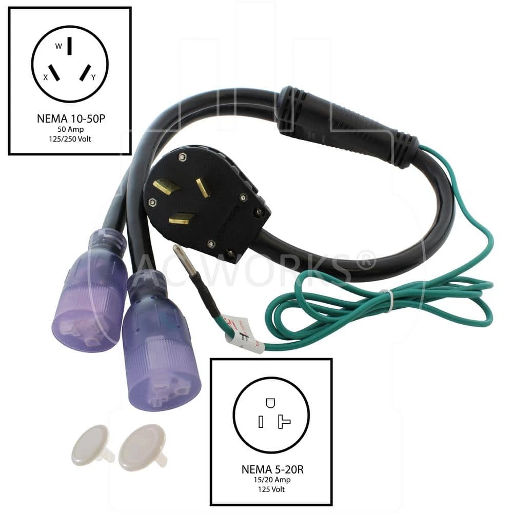 AC WORKS 50 Amp 125-Volt/250-Volt NEMA 10-50 3-Prong Old Style Range/Welder Plug to 2 NEMA 5-20 Household Connections 4 AC WORKS 50 Amp 125-Volt/250-Volt NEMA 10-50 3-Prong Old Style Range/Welder Plug to 2 NEMA 5-20 Household Connections - Image 2