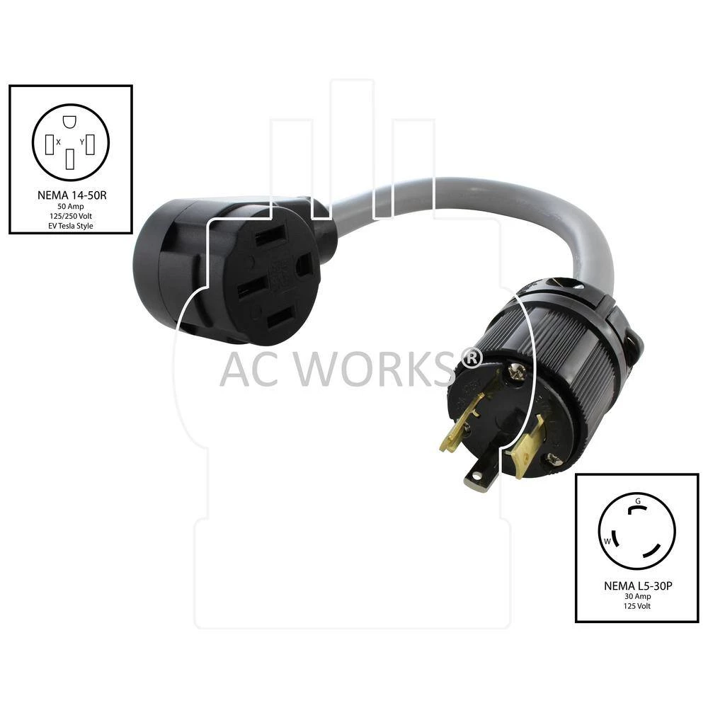 AC WORKS 1.5 ft. EV Adapter 30 Amp 125-Volt L5-30P Plug to 50 Amp EV Adapter Cord for Tesla 4 AC WORKS 1.5 ft. EV Adapter 30 Amp 125-Volt L5-30P Plug to 50 Amp EV Adapter Cord for Tesla - Image 2