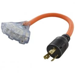 AC WORKS 1.5 ft. 30 Amp 250-Volt L6-30 Plug to (3) NEMA 6-15/20 Tri-Outlets with Power Indicator