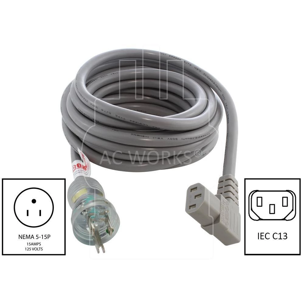 AC WORKS 15 ft. 14/3 15 Amp Medical Grade Power Cord with Right Angle IEC C13 Connector 4 AC WORKS 15 ft. 14/3 15 Amp Medical Grade Power Cord with Right Angle IEC C13 Connector - Image 2