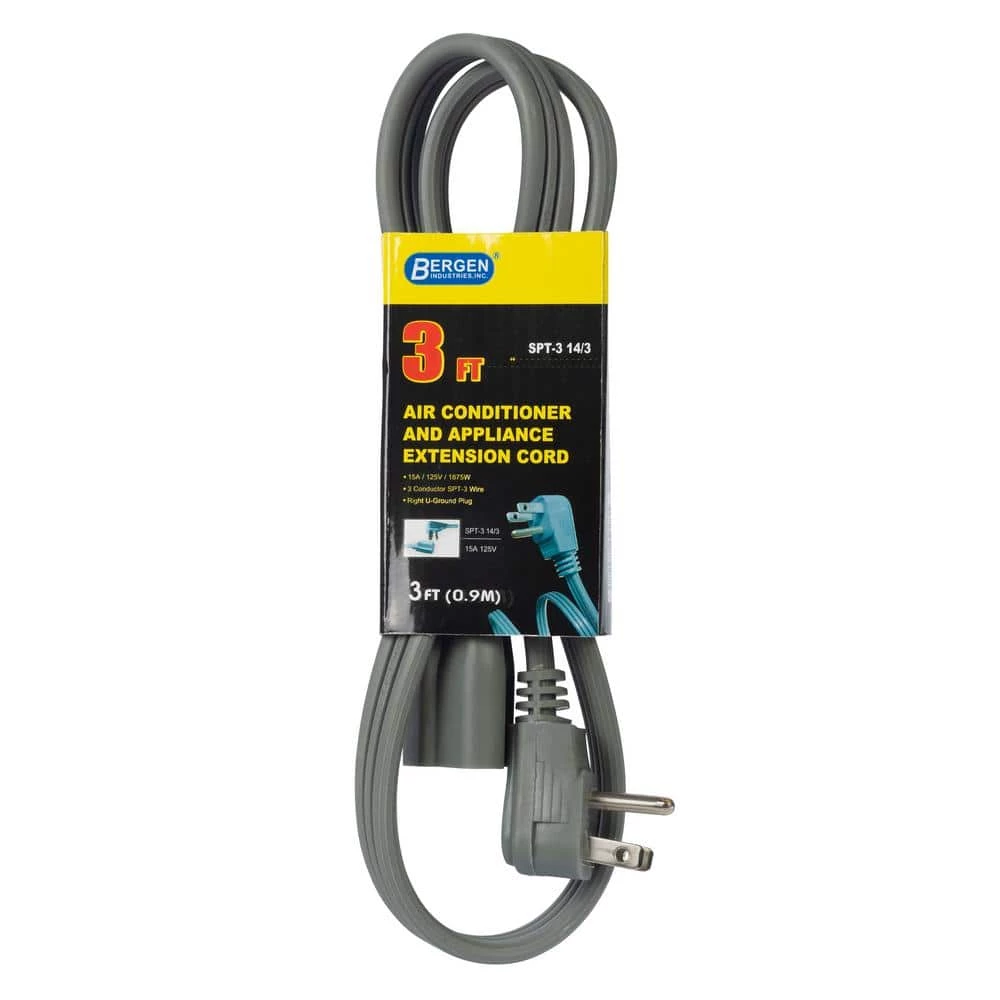 Bergen Industries 3 ft. 14/3 SPT-3 Wire Air Conditioner/Major Appliance Extension Cord with Right U-Ground Plug in Gray 3 Bergen Industries 3 ft. 14/3 SPT-3 Wire Air Conditioner/Major Appliance Extension Cord with Right U-Ground Plug in Gray