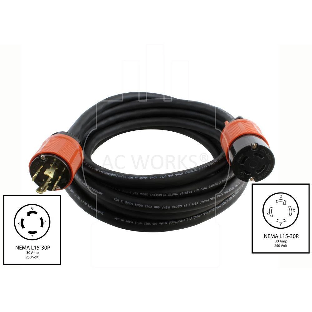 AC WORKS 50 ft. SOOW 10/4 NEMA L15-30 30 Amp 3-Phase 250-Volt Industrial Rubber Extension Cord 4 AC WORKS 50 ft. SOOW 10/4 NEMA L15-30 30 Amp 3-Phase 250-Volt Industrial Rubber Extension Cord - Image 2