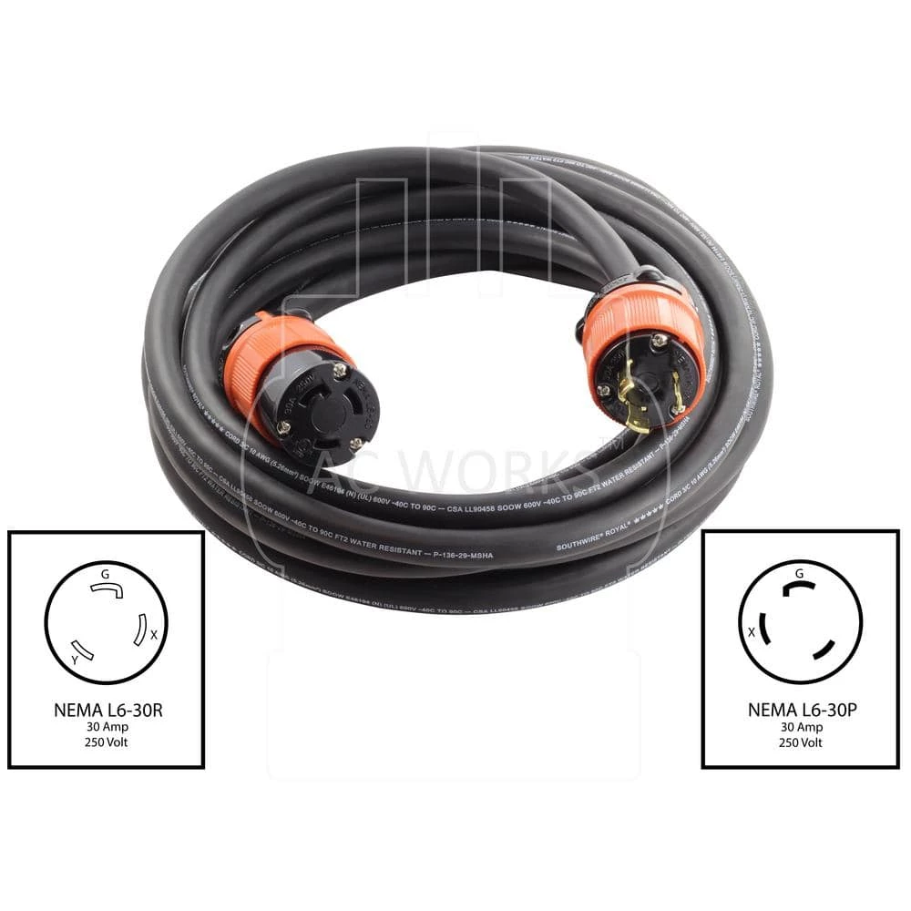 AC WORKS 25 ft. SOOW 10/3 NEMA L6-30 30 Amp 250-Volt Rubber Extension Cord 4 AC WORKS 25 ft. SOOW 10/3 NEMA L6-30 30 Amp 250-Volt Rubber Extension Cord - Image 2