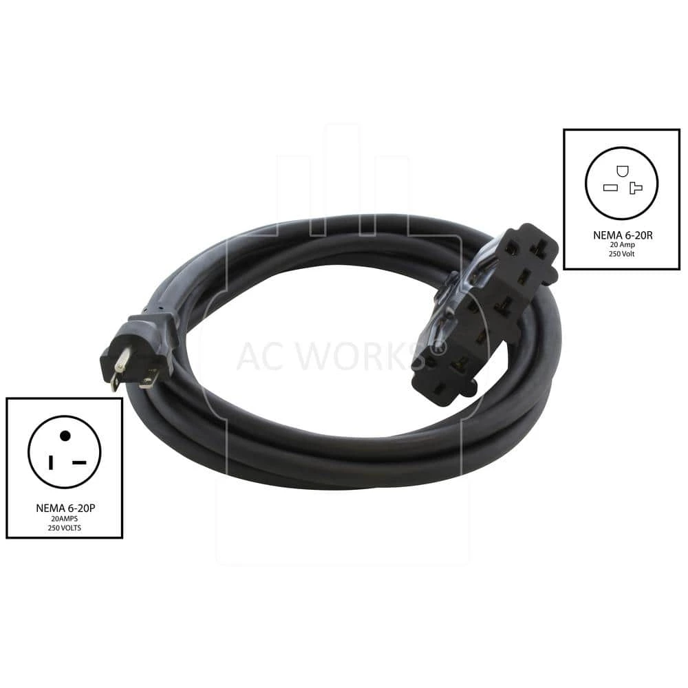 AC WORKS 10 ft. SJTW 12/3 NEMA 6-20 20 Amp 220-Volt Plug to 15/20 Amp 220-Volt Multi-Outlets Extension Cord 4 AC WORKS 10 ft. SJTW 12/3 NEMA 6-20 20 Amp 220-Volt Plug to 15/20 Amp 220-Volt Multi-Outlets Extension Cord - Image 2