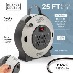 BLACK+DECKER 25 ft. 4 Outlets and 2 USB Retractable Extension Cord with 16 AWG SJT Cable Compact Power Cord Reel -Extension Cords Sales Store black decker extension cord reels bdxpa0061 4f 1000