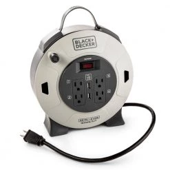 BLACK+DECKER 25 ft. 4 Outlets and 2 USB Retractable Extension Cord with 16 AWG SJT Cable Compact Power Cord Reel