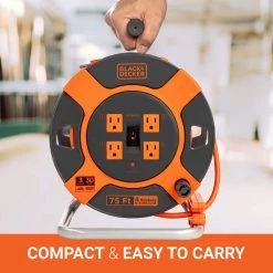 BLACK+DECKER 75 ft. 4 Outlets Retractable Extension Cord with 14 AWG SJTW Cable Outdoor Power Cord Reel -Extension Cords Sales Store black decker extension cord reels bdxpa0063 44 1000