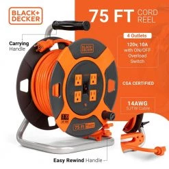BLACK+DECKER 75 ft. 4 Outlets Retractable Extension Cord with 14 AWG SJTW Cable Outdoor Power Cord Reel -Extension Cords Sales Store black decker extension cord reels bdxpa0063 4f 1000