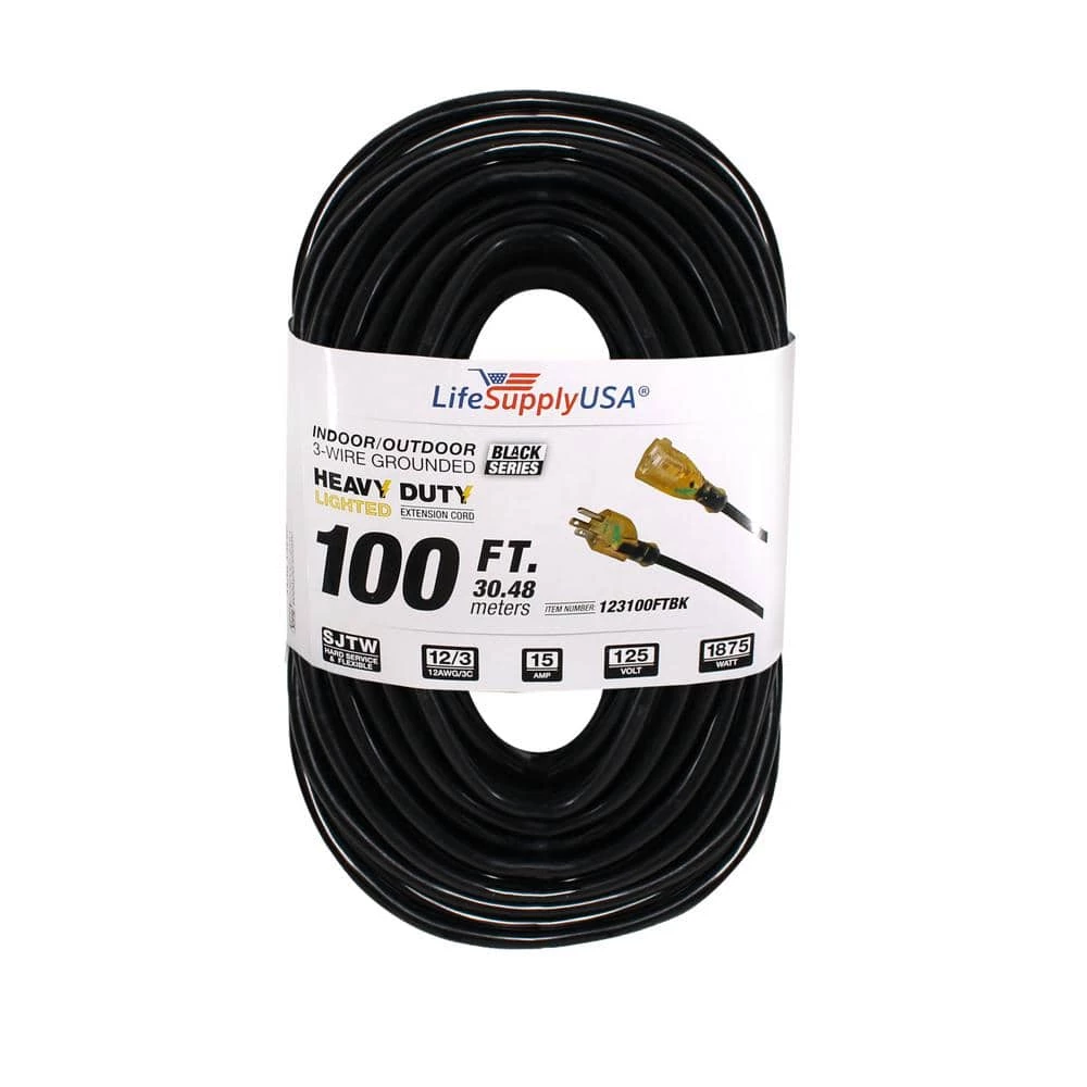 LifeSupplyUSA 12/3 100 ft. SJTW 15 Amp, 125-Volt 1875-Watt Lighted End Indoor/Outdoor Black Heavy-Duty Extension Cord 3 LifeSupplyUSA 12/3 100 ft. SJTW 15 Amp, 125-Volt 1875-Watt Lighted End Indoor/Outdoor Black Heavy-Duty Extension Cord