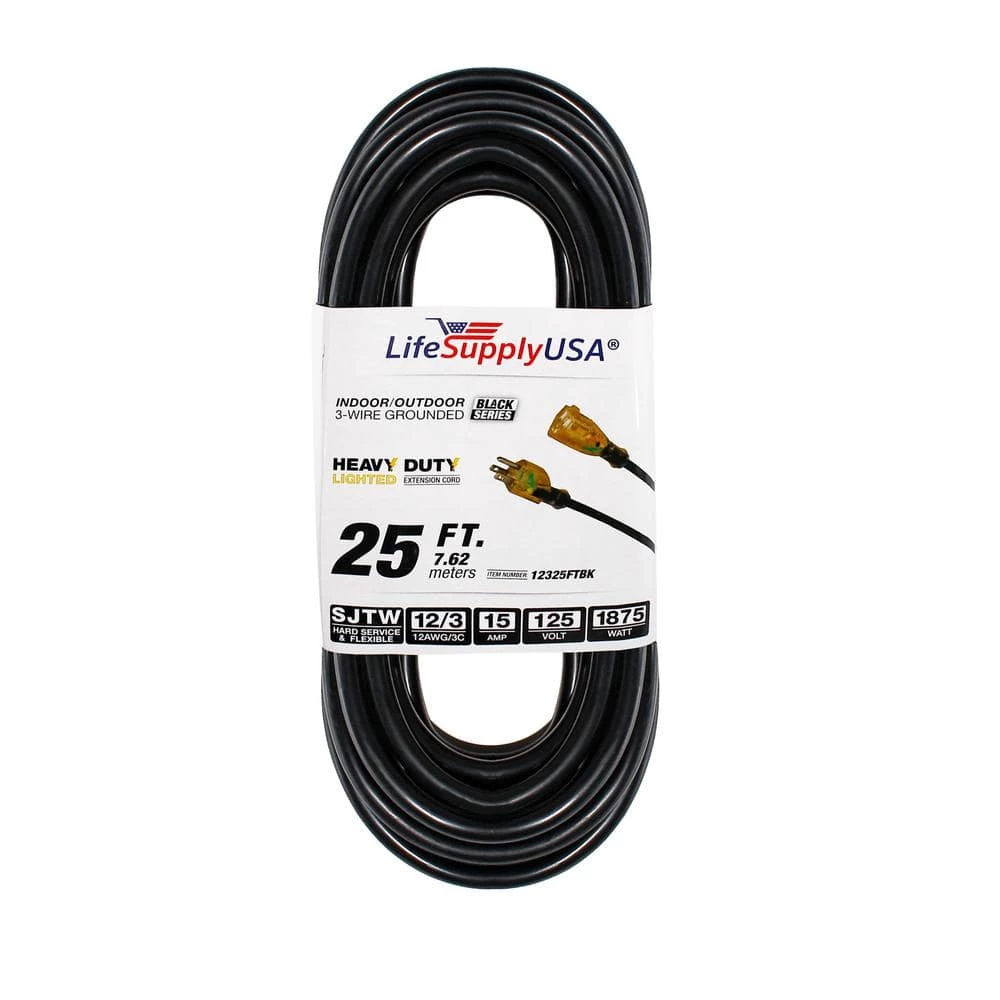 LifeSupplyUSA 25 ft. 12/3 SJTW 15 Amp 125-Volt 1875-Watt Lighted End Indoor/Outdoor Black Heavy-Duty Extension Cord 3 LifeSupplyUSA 25 ft. 12/3 SJTW 15 Amp 125-Volt 1875-Watt Lighted End Indoor/Outdoor Black Heavy-Duty Extension Cord