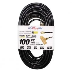 LifeSupplyUSA 100 ft. 12/3 SJTW 3-Outlet 15 Amp 125-Volt 1875-Watt Indoor/Outdoor Black Heavy-Duty Tri-Source Extension Cord
