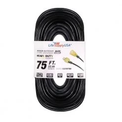 LifeSupplyUSA 75 ft. 12/3 SJTW 15 Amp 125-Volt 1875-Watt Lighted End Indoor/Outdoor Black Heavy-Duty Extension Cord
