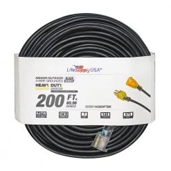 LifeSupplyUSA 200 ft. 14/3 SJTW 7 Amp 125-Volt 875-Watt Lighted End Indoor/Outdoor Black Heavy-Duty Extension Cord