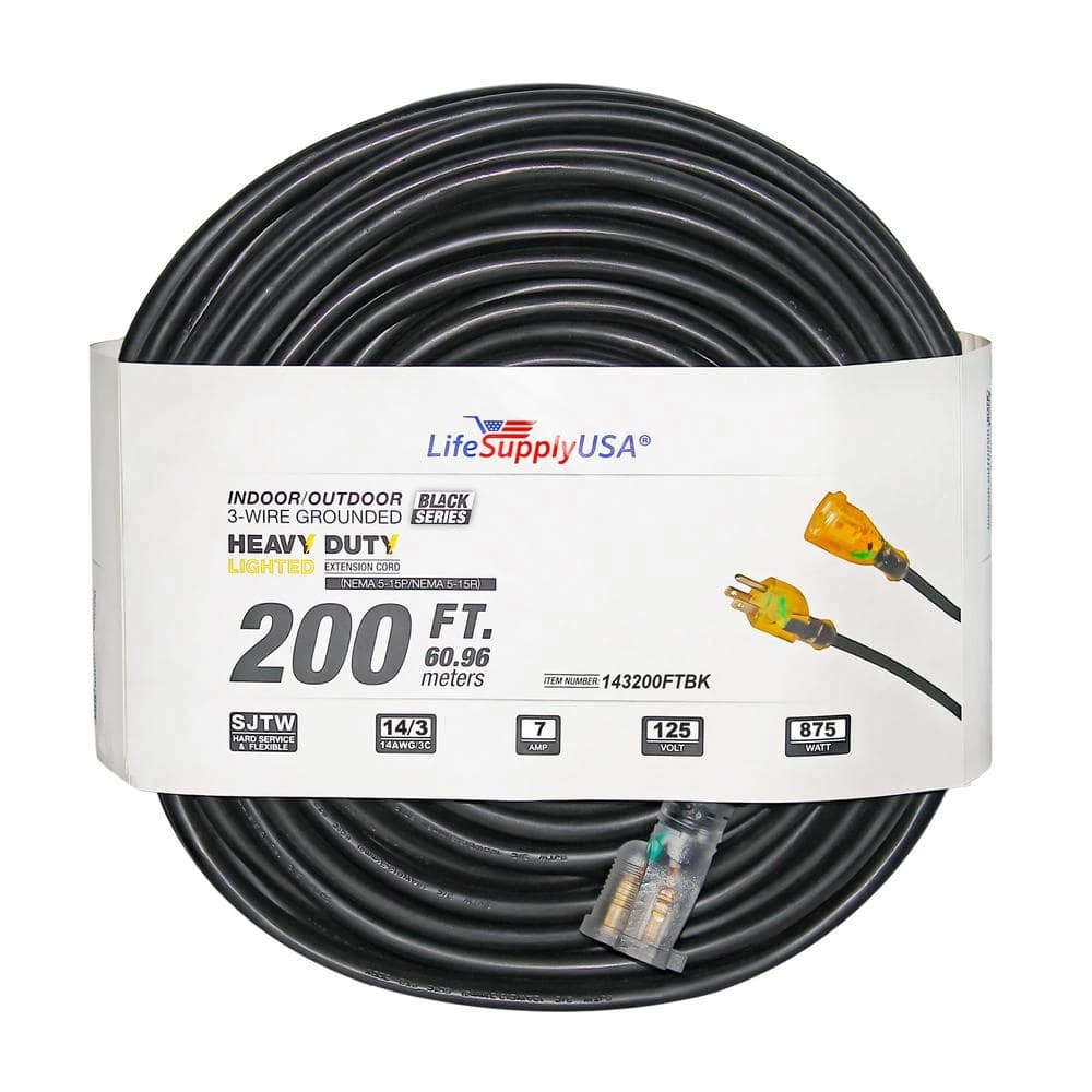 LifeSupplyUSA 200 ft. 14/3 SJTW 7 Amp 125-Volt 875-Watt Lighted End Indoor/Outdoor Black Heavy-Duty Extension Cord 3 LifeSupplyUSA 200 ft. 14/3 SJTW 7 Amp 125-Volt 875-Watt Lighted End Indoor/Outdoor Black Heavy-Duty Extension Cord