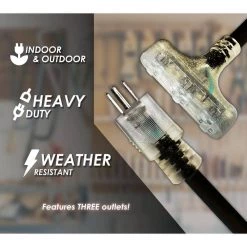 LifeSupplyUSA 75 ft. 12/3 SJTW 3-Outlet 15 Amp 125-Volt 1875-Watt Indoor/Outdoor Black Heavy-Duty Tri-Source Extension Cord (5-Pack) -Extension Cords Sales Store black general purpose cords 5123375ftbk 44 1000