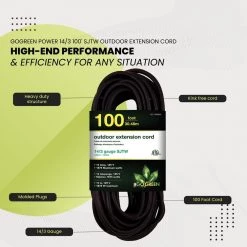 Power By Go Green 100 ft. 14/3 SJTW Outdoor Extension Cord - Black -Extension Cords Sales Store black power by go green general purpose cords gg 13800bk 1f 1000