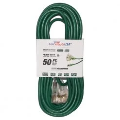 LifeSupplyUSA 50 ft. 12/3 3-Outlet 15 Amp 125-Volt 1875-Watt SJTW Dark Green Indoor/Outdoor Heavy-Duty with Lighted End Extension Cord