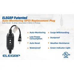 ELEGRP 1 ft. 15 Amp Auto Reset 3 Prong in-line Portable GFCI Replacement Plug Assembly -Extension Cords Sales Store elegrp gfci plugs eg20ca0201 5p 66 1000