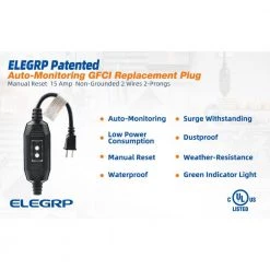 ELEGRP 1 ft. 15 Amp Manual Reset 2 Prong in-line Portable GFCI Replacement Plug Assembly -Extension Cords Sales Store elegrp gfci plugs eg20cm0201 1p fa 1000