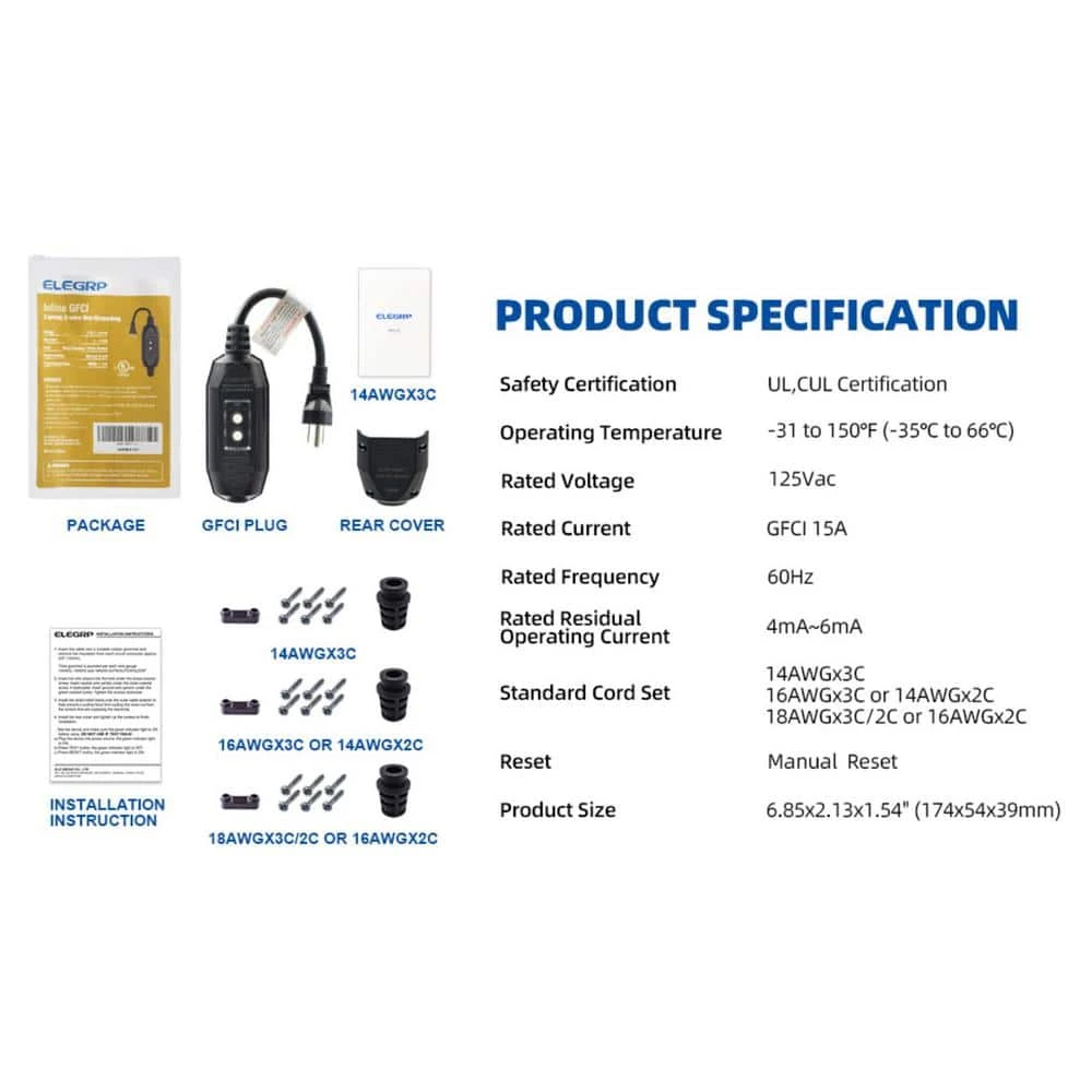 ELEGRP 1 ft. 15 Amp Manual Reset 3 Prong in-line Portable GFCI Replacement Right Angle Plug Assembly 4 ELEGRP 1 ft. 15 Amp Manual Reset 3 Prong in-line Portable GFCI Replacement Right Angle Plug Assembly - Image 2