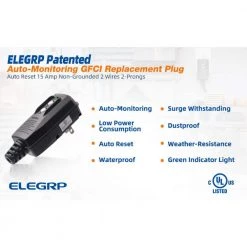 ELEGRP 4.67 in. 15 Amp Auto Reset 2 Prong Portable GFCI Replacement Right Angle Plug Assembly -Extension Cords Sales Store elegrp gfci plugs eg20pas0201 1p 66 1000