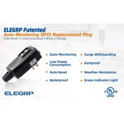ELEGRP 4.67 in. 15 Amp Auto Reset 3 Prong Portable GFCI Replacement Right Angle Plug Assembly -Extension Cords Sales Store elegrp gfci plugs eg20pas0201 5p 66 1000