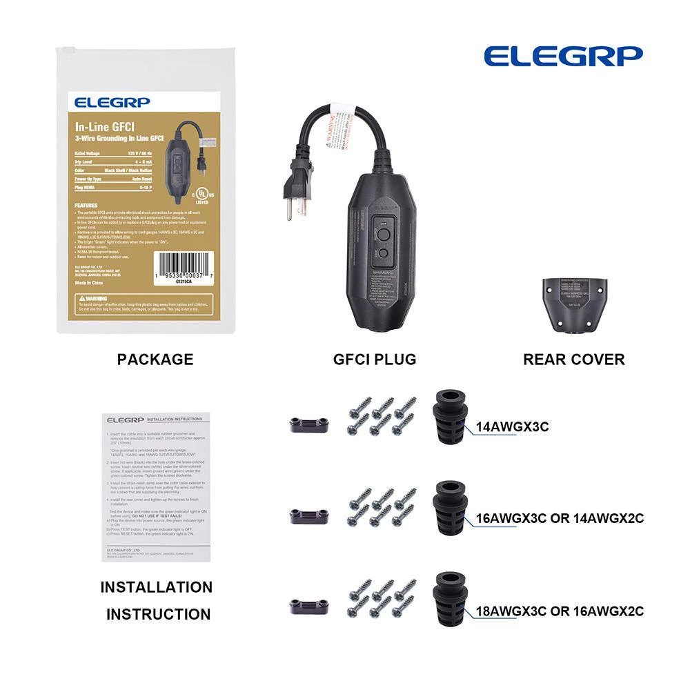 ELEGRP 1 ft. 15 Amp Automatic Reset 3 Prong In-Line Portable GFCI Replacement Right Angle Plug Assembly(2-Pack) 8 ELEGRP 1 ft. 15 Amp Automatic Reset 3 Prong In-Line Portable GFCI Replacement Right Angle Plug Assembly(2-Pack) - Image 6