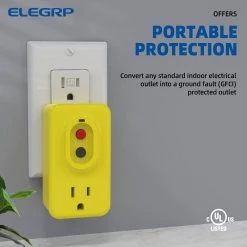 ELEGRP 15 Amp Single Outlet GFCI Adapter, 3-Prong Grounded GFCI Adapter Plug, for Indoor Use with Auto Reset, Yellow -Extension Cords Sales Store elegrp gfci plugs g20aa 5 15p 44 1000