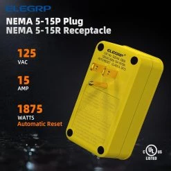 ELEGRP 15 Amp Single Outlet GFCI Adapter, 3-Prong Grounded GFCI Adapter Plug, for Indoor Use with Auto Reset, Yellow -Extension Cords Sales Store elegrp gfci plugs g20aa 5 15p c3 1000