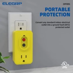 ELEGRP 15 AMP Single Outlet GFCI Adapter, 3-Prong Grounded GFCI Adapter Plug, for Indoor Use with Manual Reset, Yellow -Extension Cords Sales Store elegrp gfci plugs g20am 5 15p 44 1000