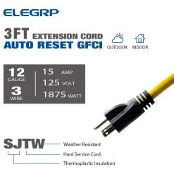 ELEGRP 3 ft. 15 Amp In-Line Self-Test Automatic Reset Portable GFCI Plug with 3-Outlet Cord, Yellow -Extension Cords Sales Store elegrp gfci plugs g20ca 3ft c3 1000