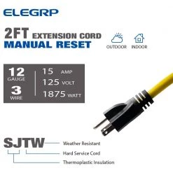 ELEGRP 2 ft. 15 Amp In-Line Self-Test Manual Reset Portable GFCI Plug with 3-Outlet Cord, Yellow -Extension Cords Sales Store elegrp gfci plugs g20cm 2ft c3 1000