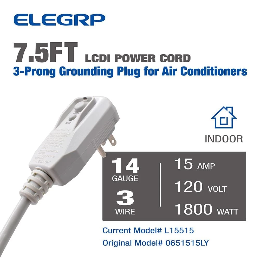ELEGRP 7.5ft. 120V 15Amp 1800W LCDI Power Cord Plug for Air Conditioner,Leakage Current Detection Interrupter Replacement, Gray 4 ELEGRP 7.5ft. 120V 15Amp 1800W LCDI Power Cord Plug for Air Conditioner,Leakage Current Detection Interrupter Replacement, Gray - Image 2