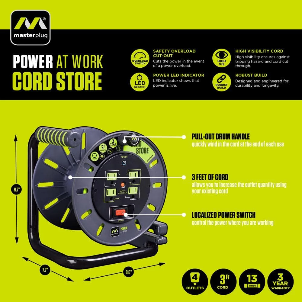 Unbranded 3 ft. 14/3 Extension Reel with 4-Outlets 8 Unbranded 3 ft. 14/3 Extension Reel with 4-Outlets - Image 6