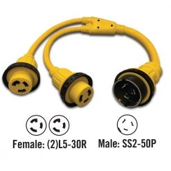 Halex 3 ft. 10/3 50 Amp Male to Two 30 Amp Females Marine Shore Power Y-Adapter -Extension Cords Sales Store halex rv marine cords 50230 4f 1000