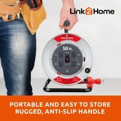 Link2Home 50 ft. Heavy-Duty Professional Grade Metal Cord Reel - High Visibility 12 AWG SJTW Extension Cord with 4 Power Outlets -Extension Cords Sales Store link2home extension cord reels em cg 500e ds 44 1000