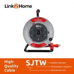 Link2Home 50 ft. Heavy-Duty Professional Grade Metal Cord Reel - High Visibility 12 AWG SJTW Extension Cord with 4 Power Outlets -Extension Cords Sales Store link2home extension cord reels em cg 500e ds 4f 1000