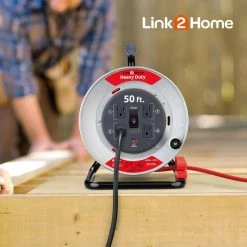 Link2Home 50 ft. Heavy-Duty Professional Grade Metal Cord Reel - High Visibility 12 AWG SJTW Extension Cord with 4 Power Outlets -Extension Cords Sales Store link2home extension cord reels em cg 500e ds 66 1000