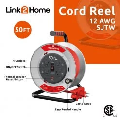 Link2Home 50 ft. Heavy-Duty Professional Grade Metal Cord Reel - High Visibility 12 AWG SJTW Extension Cord with 4 Power Outlets -Extension Cords Sales Store link2home extension cord reels em cg 500e ds c3 1000