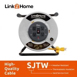 Link2Home 75 ft. 12/3 Extension Cord Storage Reel with 4 Grounded Outlets and Overload Circuit Breaker -Extension Cords Sales Store link2home extension cord reels em cg 750 n 4f 1000