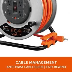Link2Home 75 ft. 12/3 Extension Cord Storage Reel with 4 Grounded Outlets and Surge Protector -Extension Cords Sales Store link2home extension cord reels em cg 750e fa 1000