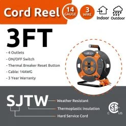 Link2Home 3 ft. 14/3 Extension Cord Storage Reel with 4 Power Outlets and SJTW Cable -Extension Cords Sales Store link2home extension cord reels em cm 30e fa 1000