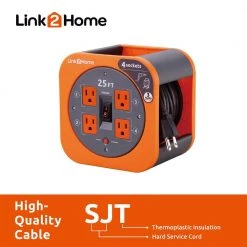 Link2Home 25 ft. 16/3 Extension Cord Storage Reel with 4 Grounded Outlets and Overload Reset Button -Extension Cords Sales Store link2home extension cord reels em el 250e 4f 1000