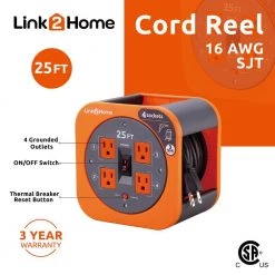 Link2Home 25 ft. 16/3 Extension Cord Storage Reel with 4 Grounded Outlets and Overload Reset Button -Extension Cords Sales Store link2home extension cord reels em el 250e c3 1000