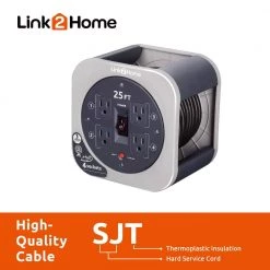 Link2Home 25 ft. 16/3 Extension Cord Storage Reel with 4 Grounded Outlets and Overload Reset Button -Extension Cords Sales Store link2home extension cord reels em el 250g 4f 1000