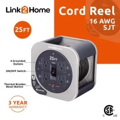 Link2Home 25 ft. 16/3 Extension Cord Storage Reel with 4 Grounded Outlets and Overload Reset Button -Extension Cords Sales Store link2home extension cord reels em el 250g c3 1000