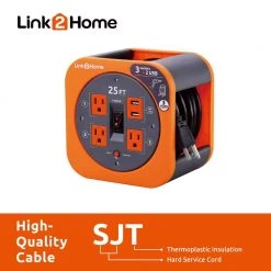 Link2Home 25 ft. 16/3 Extension Cord Storage Reel with 3 Grounded Outlets 2 USB 3.4 Amp and Overload Reset Button -Extension Cords Sales Store link2home extension cord reels em el 275e 4f 1000