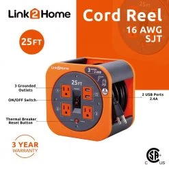 Link2Home 25 ft. 16/3 Extension Cord Storage Reel with 3 Grounded Outlets 2 USB 3.4 Amp and Overload Reset Button -Extension Cords Sales Store link2home extension cord reels em el 275e c3 1000