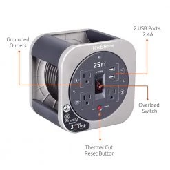 Link2Home 25 ft. 16/3 Extension Cord Storage Reel with 3 Grounded Outlets 2 USB 3.4 Amp and Overload Reset Button -Extension Cords Sales Store link2home extension cord reels em el 275g 1f 1000