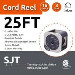 Link2Home 25 ft. 16/3 Extension Cord Storage Reel with 3 Grounded Outlets 2 USB 3.4 Amp and Overload Reset Button -Extension Cords Sales Store link2home extension cord reels em el 275g 4f 1000